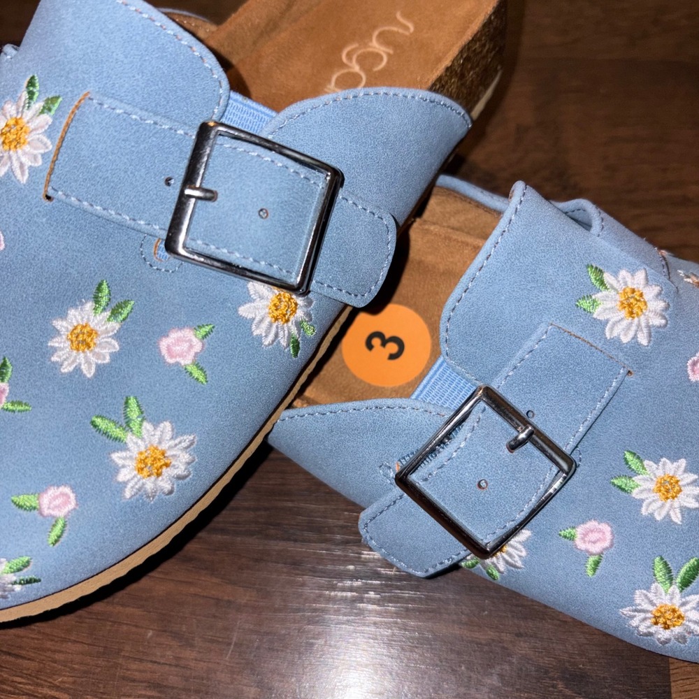 Sugar‎ Kids Gaci Slides Light Blue Floral Embroidered Clog Mules Size 3